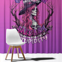 Pink window curtain with witch skull and gothic text graphic