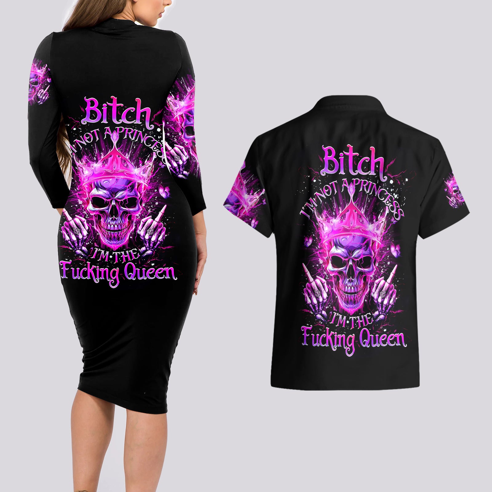 Queen Skull Couples Matching Long Sleeve Bodycon Dress and Hawaiian Shirt Bitch I'm Not A Princess I'm The Fucking Queen - Wonder Print Shop