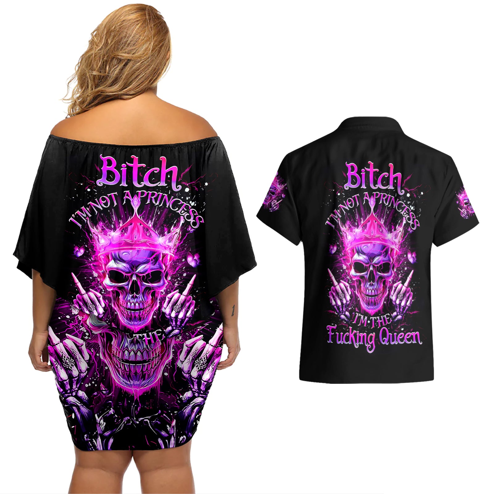 Queen Skull Couples Matching Off Shoulder Short Dress and Hawaiian Shirt Bitch I'm Not A Princess I'm The Fucking Queen - Wonder Print Shop