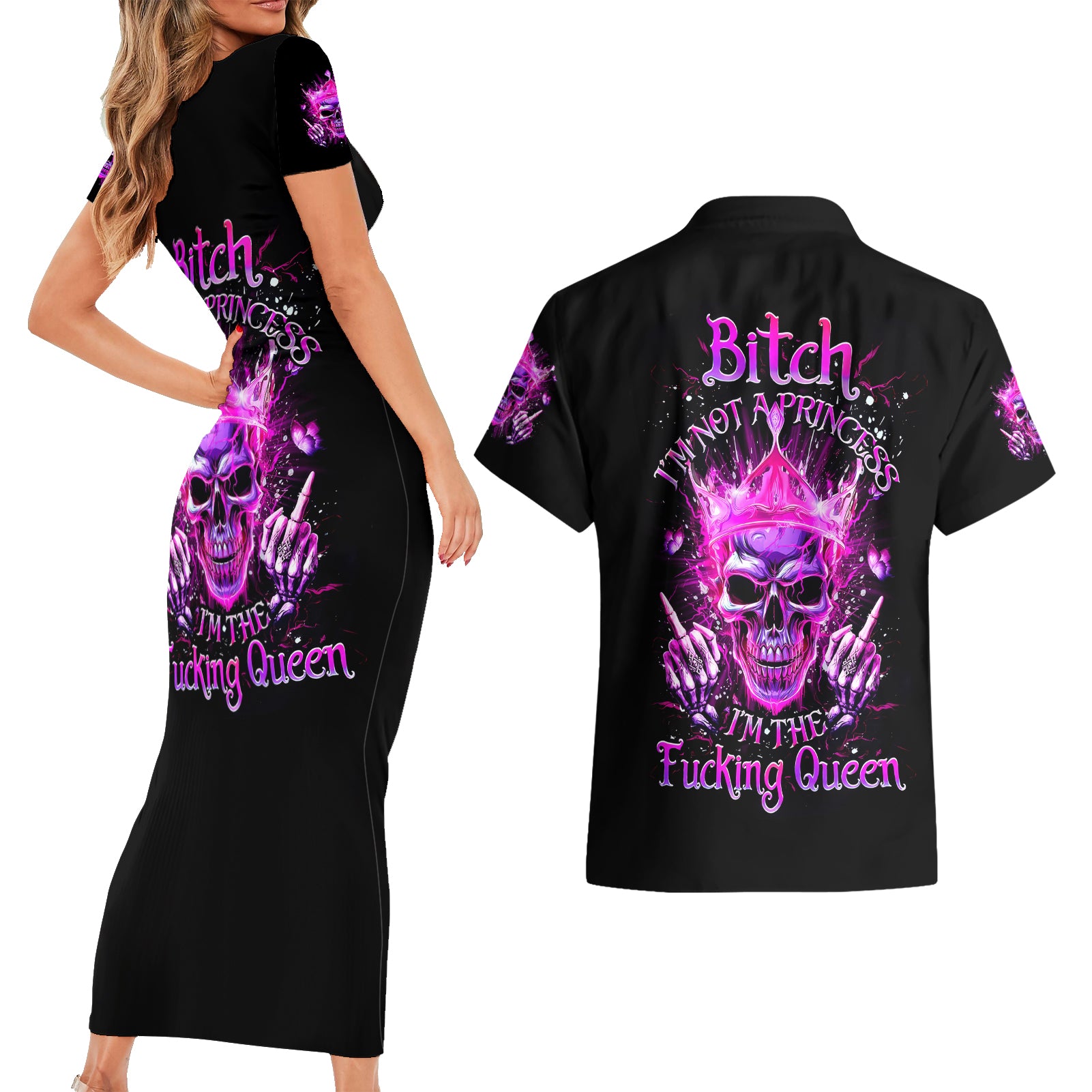 Queen Skull Couples Matching Short Sleeve Bodycon Dress and Hawaiian Shirt Bitch I'm Not A Princess I'm The Fucking Queen - Wonder Print Shop