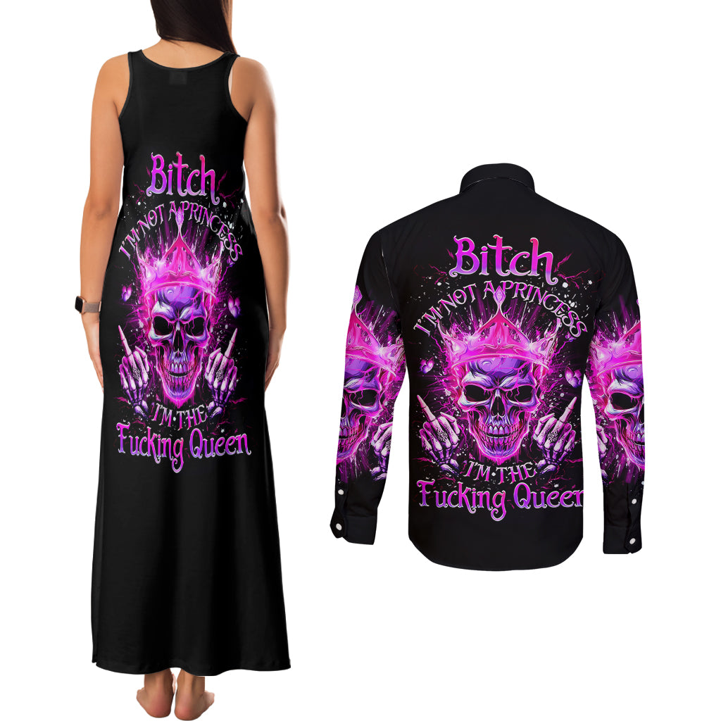 Queen Skull Couples Matching Tank Maxi Dress and Long Sleeve Button Shirt Bitch I'm Not A Princess I'm The Fucking Queen - Wonder Print Shop