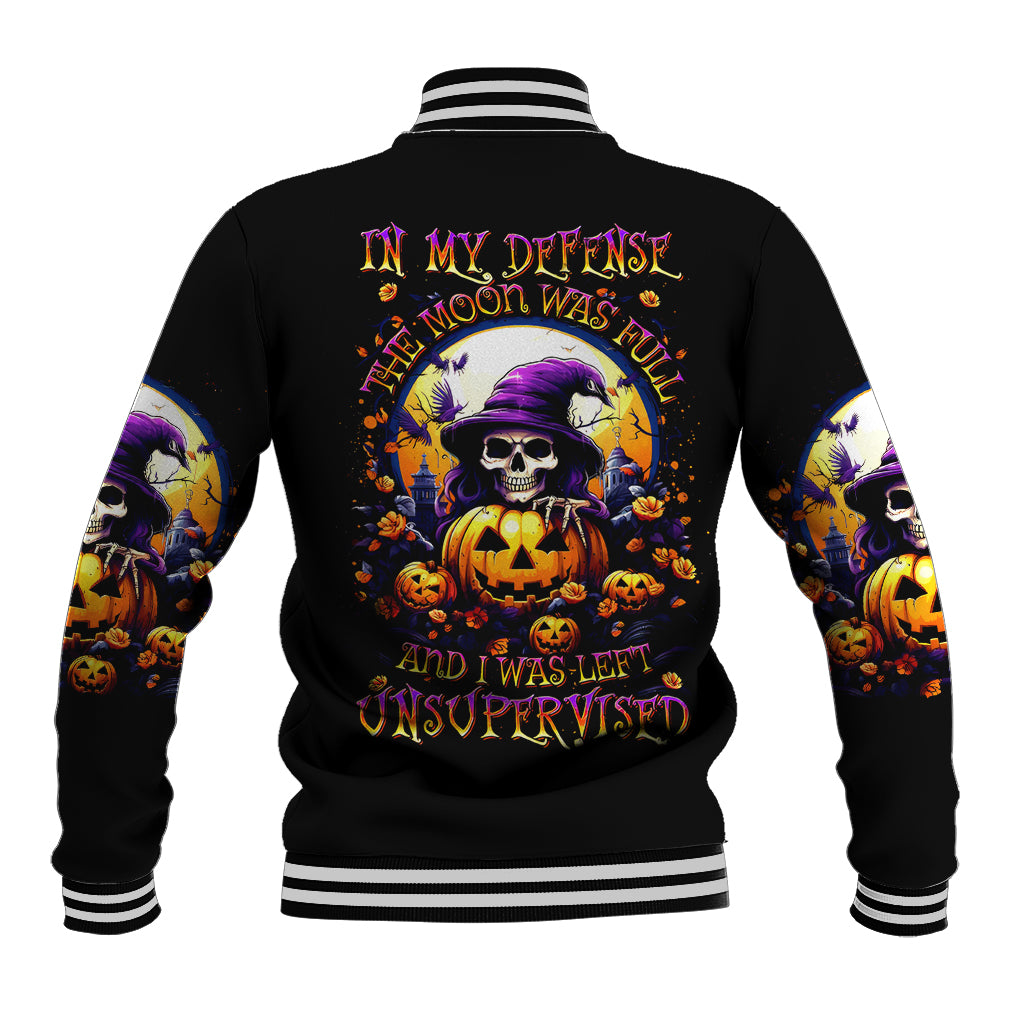 Pumpkin Witch Skull Baseball Jacket In My Defense The Moon Was Full And I Was Left Unsupervided - Wonder Print Shop