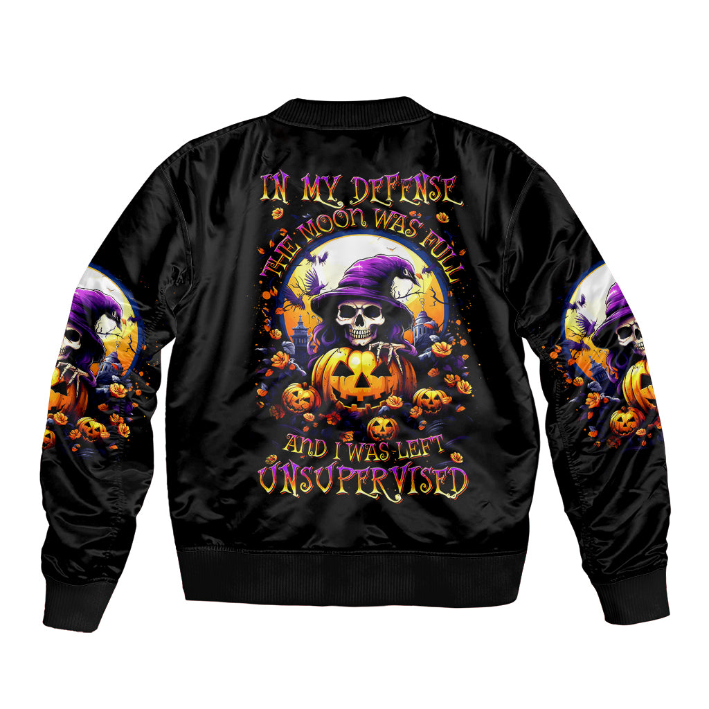 Pumpkin Witch Skull Bomber Jacket In My Defense The Moon Was Full And I Was Left Unsupervided - Wonder Print Shop