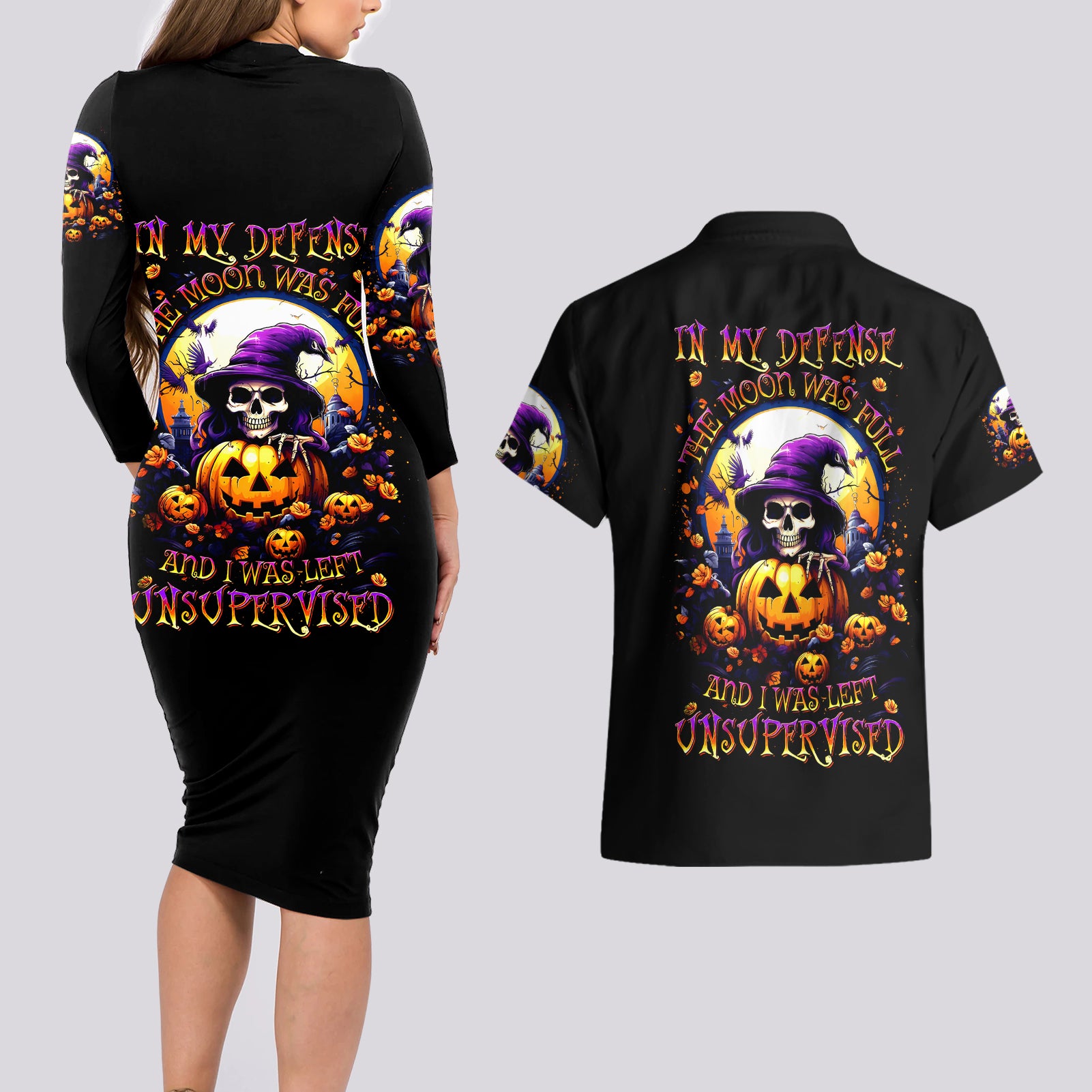 Pumpkin Witch Skull Couples Matching Long Sleeve Bodycon Dress and Hawaiian Shirt In My Defense The Moon Was Full And I Was Left Unsupervided - Wonder Print Shop