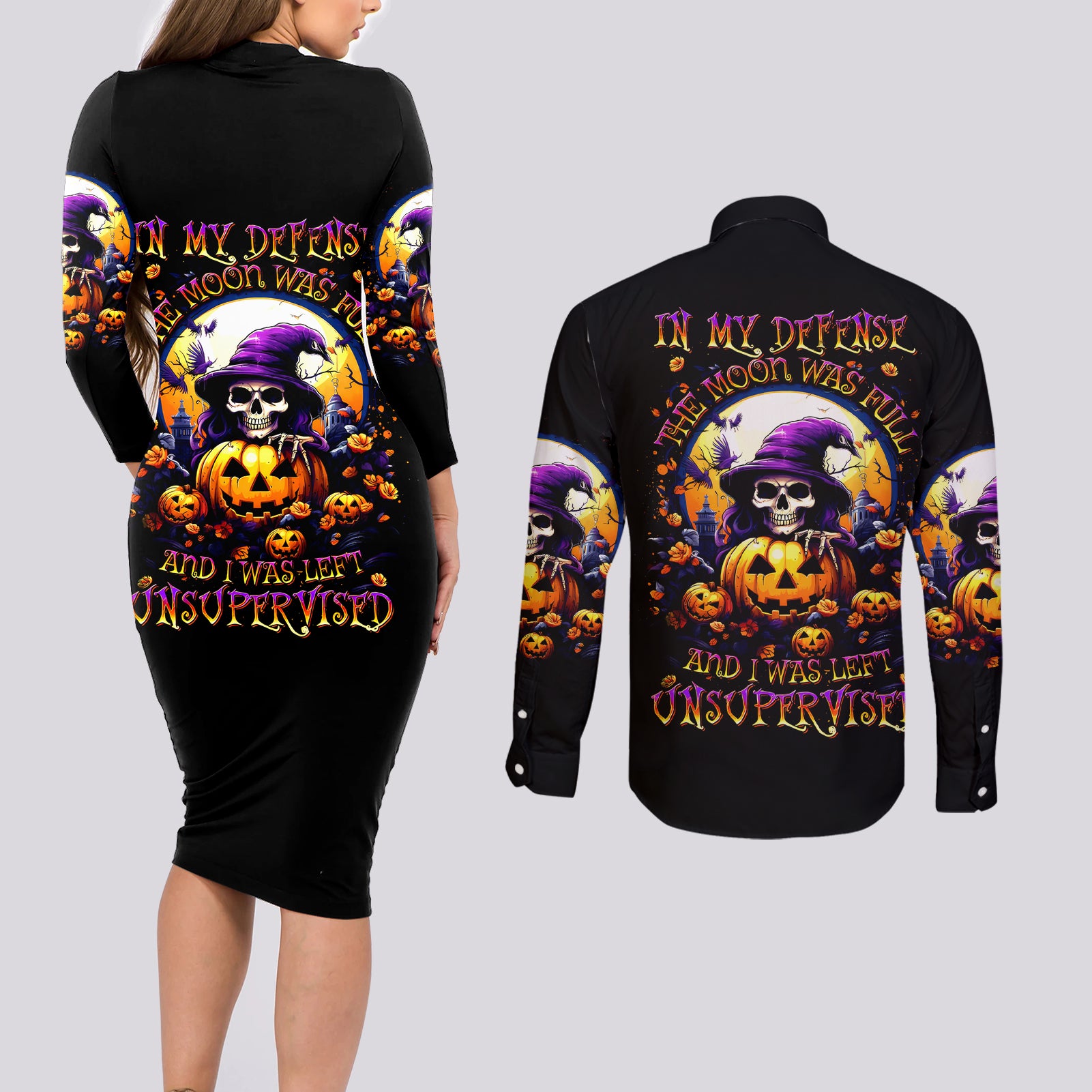 Pumpkin Witch Skull Couples Matching Long Sleeve Bodycon Dress and Long Sleeve Button Shirt In My Defense The Moon Was Full And I Was Left Unsupervided - Wonder Print Shop