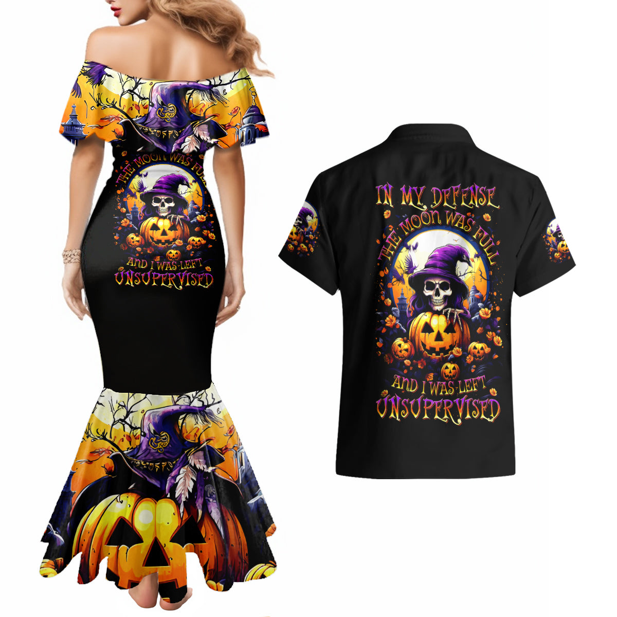 Pumpkin Witch Skull Couples Matching Mermaid Dress and Hawaiian Shirt In My Defense The Moon Was Full And I Was Left Unsupervided - Wonder Print Shop