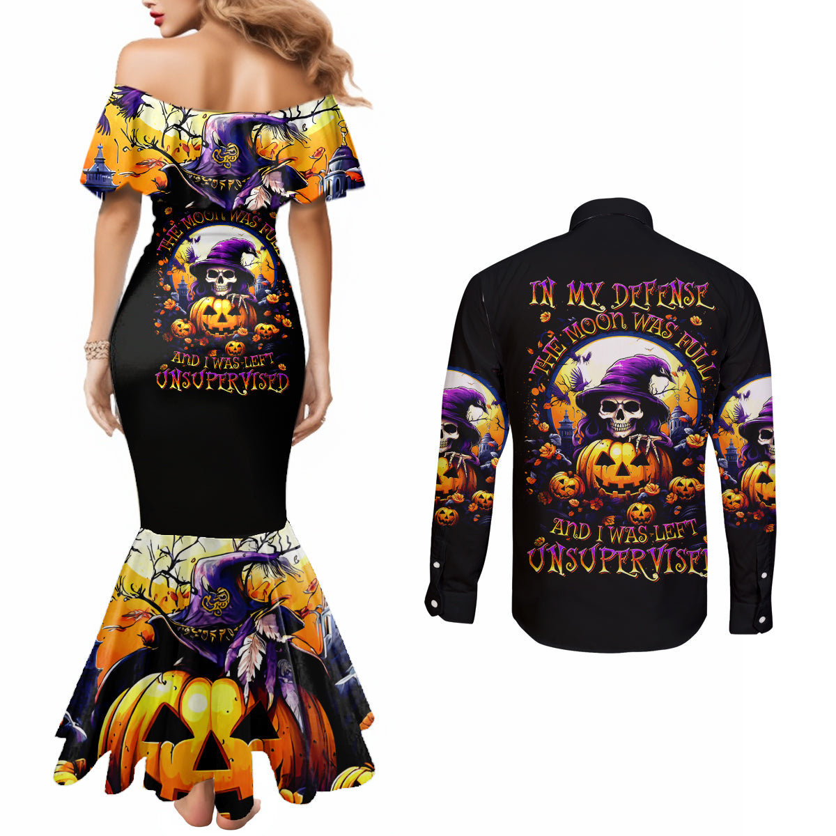 Pumpkin Witch Skull Couples Matching Mermaid Dress and Long Sleeve Button Shirt In My Defense The Moon Was Full And I Was Left Unsupervided