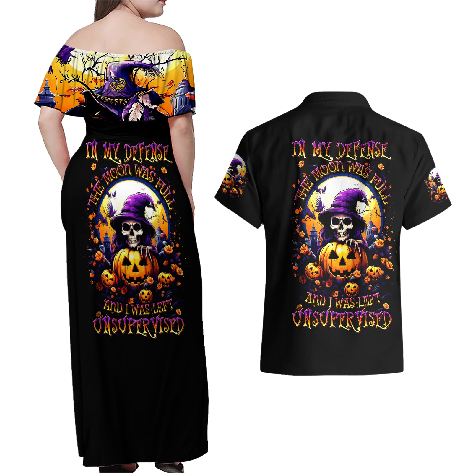 Pumpkin Witch Skull Couples Matching Off Shoulder Maxi Dress and Hawaiian Shirt In My Defense The Moon Was Full And I Was Left Unsupervided - Wonder Print Shop