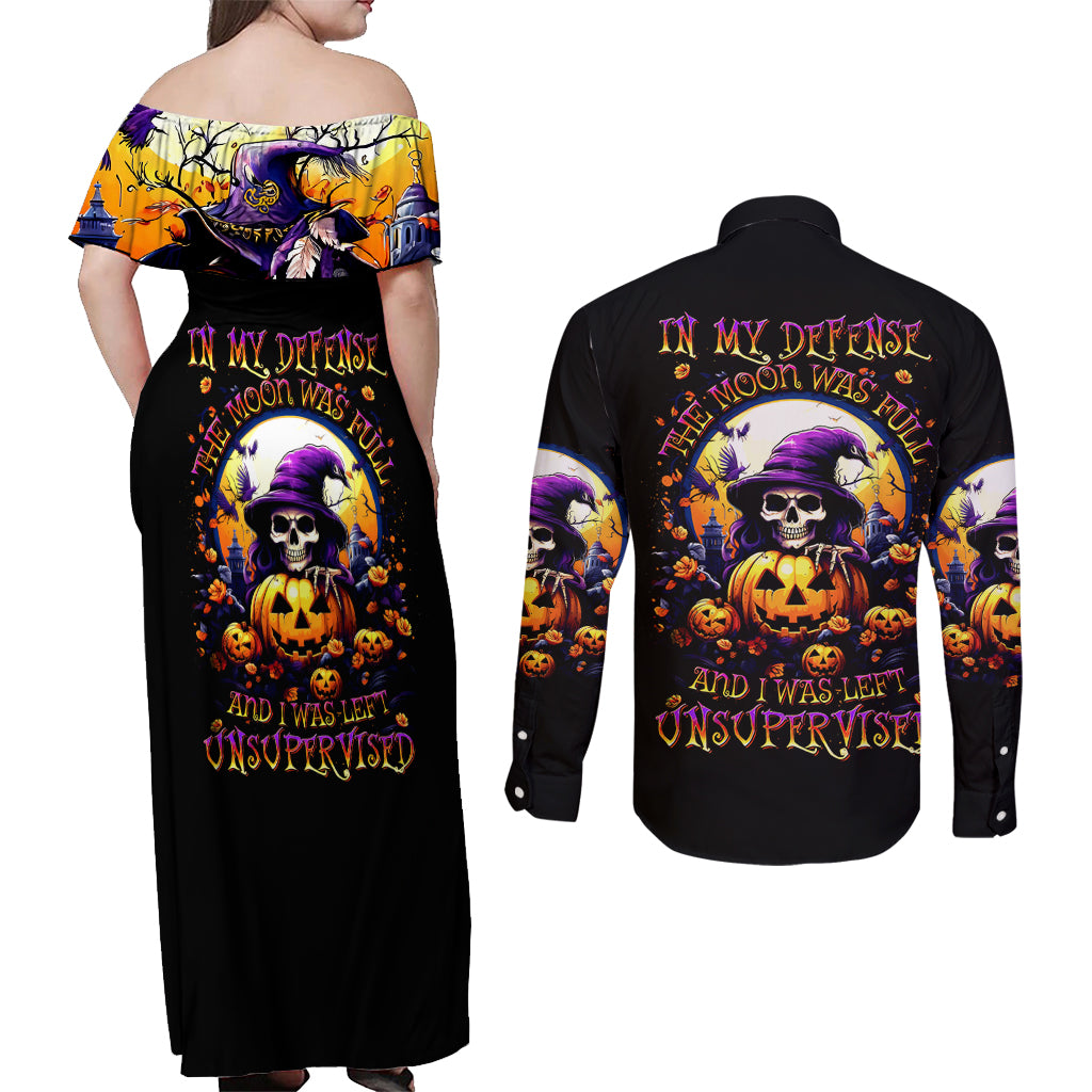 Pumpkin Witch Skull Couples Matching Off Shoulder Maxi Dress and Long Sleeve Button Shirt In My Defense The Moon Was Full And I Was Left Unsupervided - Wonder Print Shop