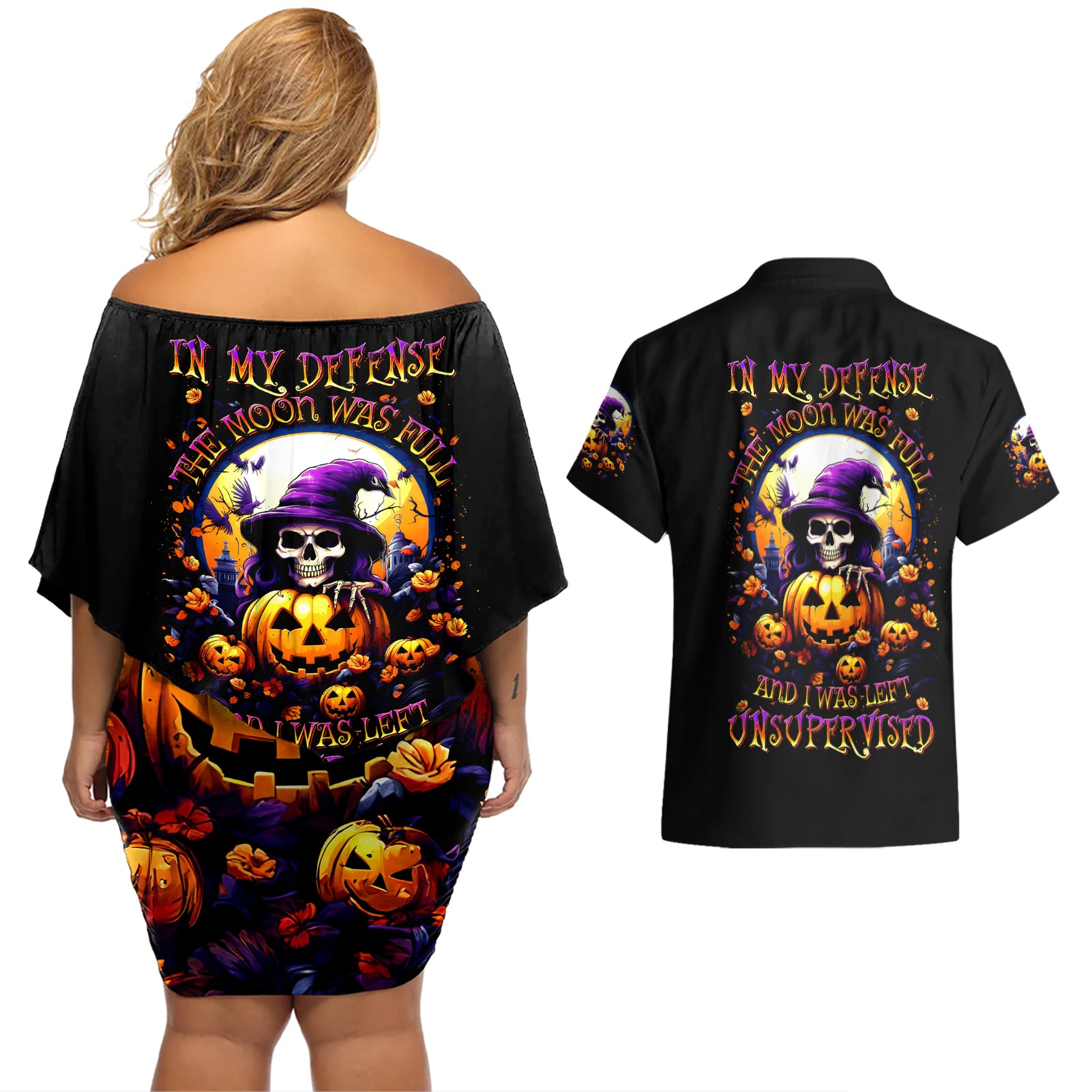 Pumpkin Witch Skull Couples Matching Off Shoulder Short Dress and Hawaiian Shirt In My Defense The Moon Was Full And I Was Left Unsupervided - Wonder Print Shop