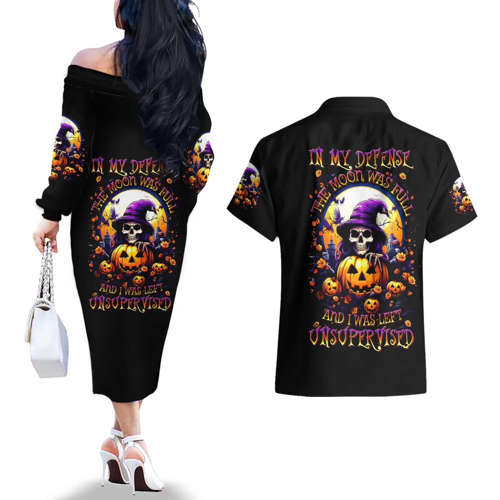 Pumpkin Witch Skull Couples Matching Off The Shoulder Long Sleeve Dress and Hawaiian Shirt In My Defense The Moon Was Full And I Was Left Unsupervided - Wonder Print Shop