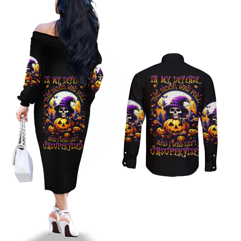 Pumpkin Witch Skull Couples Matching Off The Shoulder Long Sleeve Dress and Long Sleeve Button Shirt In My Defense The Moon Was Full And I Was Left Unsupervided