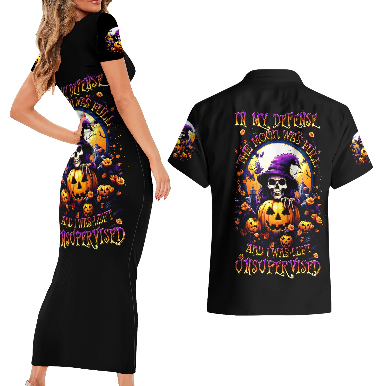 Pumpkin Witch Skull Couples Matching Short Sleeve Bodycon Dress and Hawaiian Shirt In My Defense The Moon Was Full And I Was Left Unsupervided - Wonder Print Shop