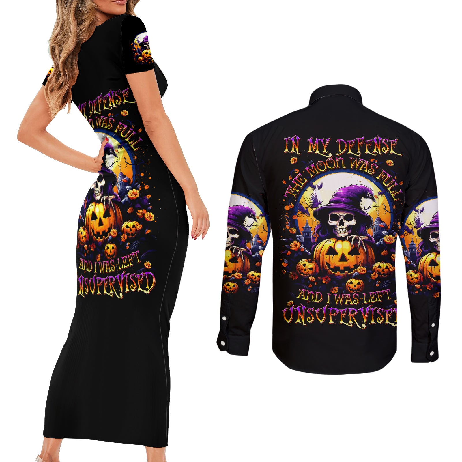 Pumpkin Witch Skull Couples Matching Short Sleeve Bodycon Dress and Long Sleeve Button Shirt In My Defense The Moon Was Full And I Was Left Unsupervided - Wonder Print Shop