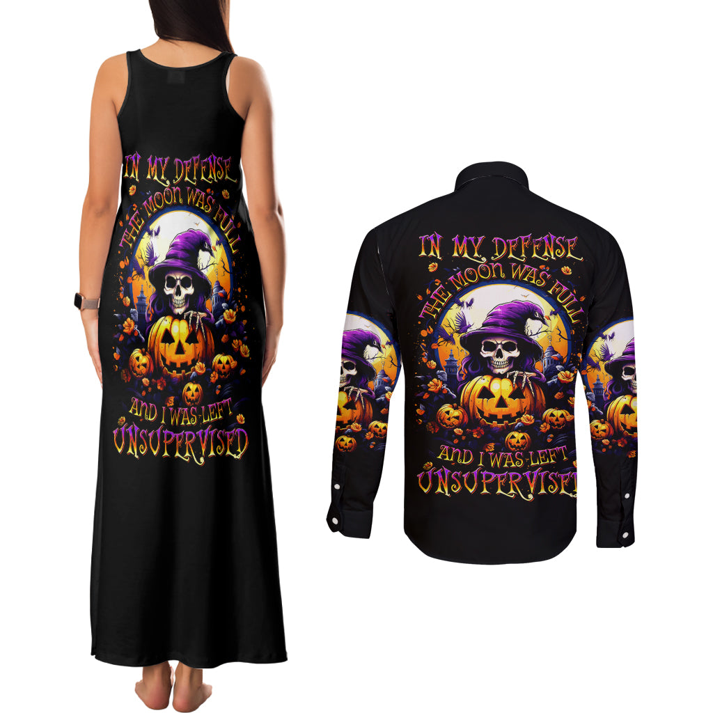 Pumpkin Witch Skull Couples Matching Tank Maxi Dress and Long Sleeve Button Shirt In My Defense The Moon Was Full And I Was Left Unsupervided - Wonder Print Shop