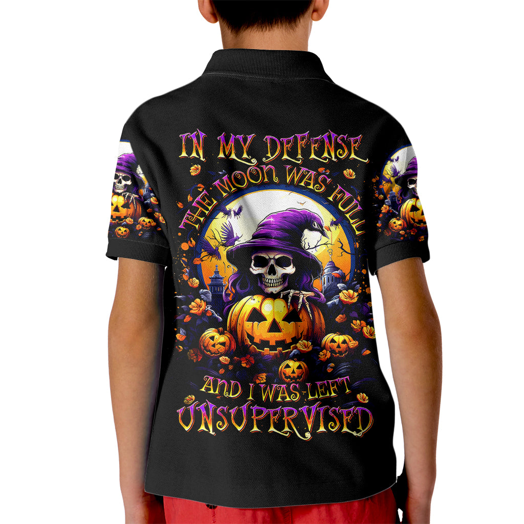 Pumpkin Witch Skull Kid Polo Shirt In My Defense The Moon Was Full And I Was Left Unsupervided - Wonder Print Shop