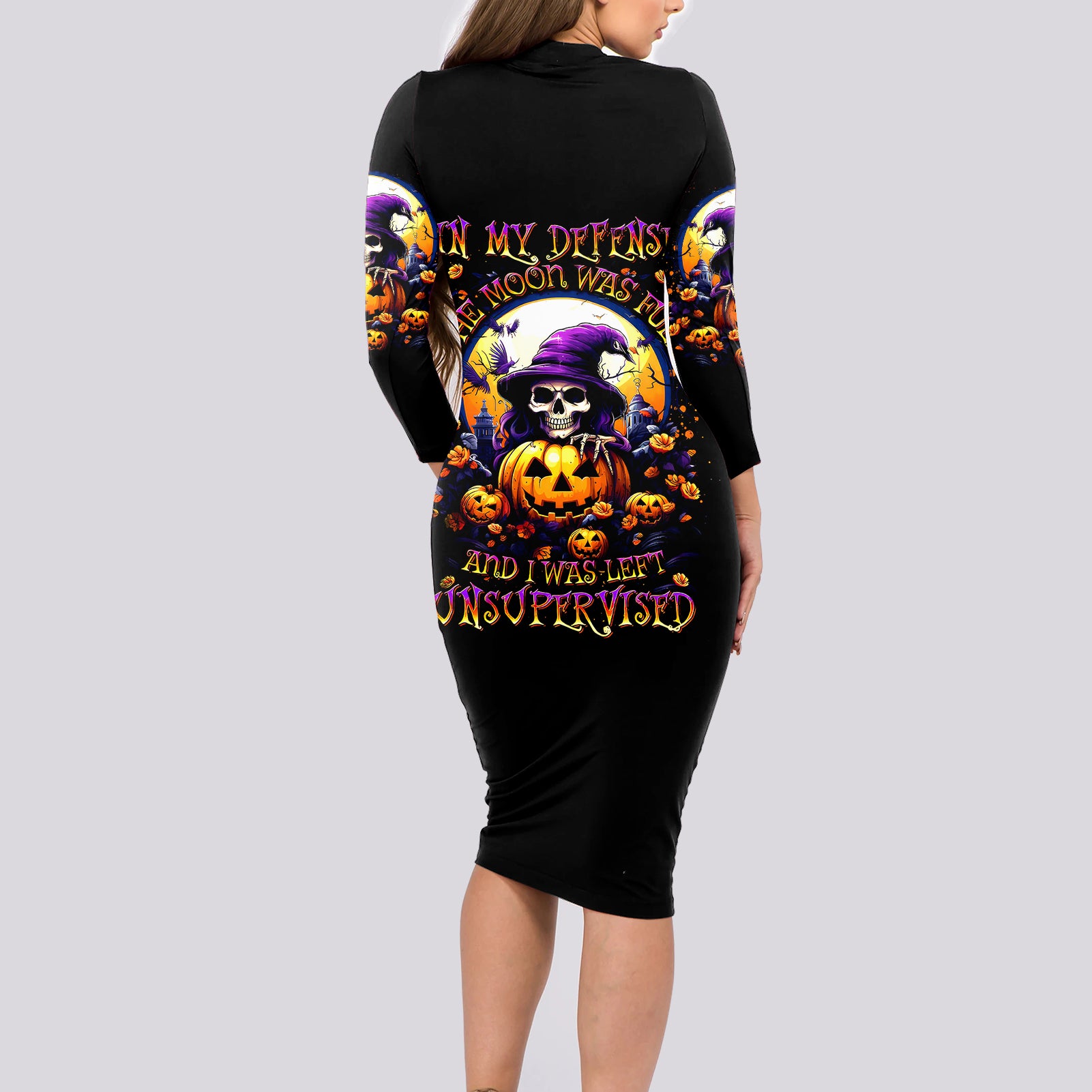 Pumpkin Witch Skull Long Sleeve Bodycon Dress In My Defense The Moon Was Full And I Was Left Unsupervided - Wonder Print Shop