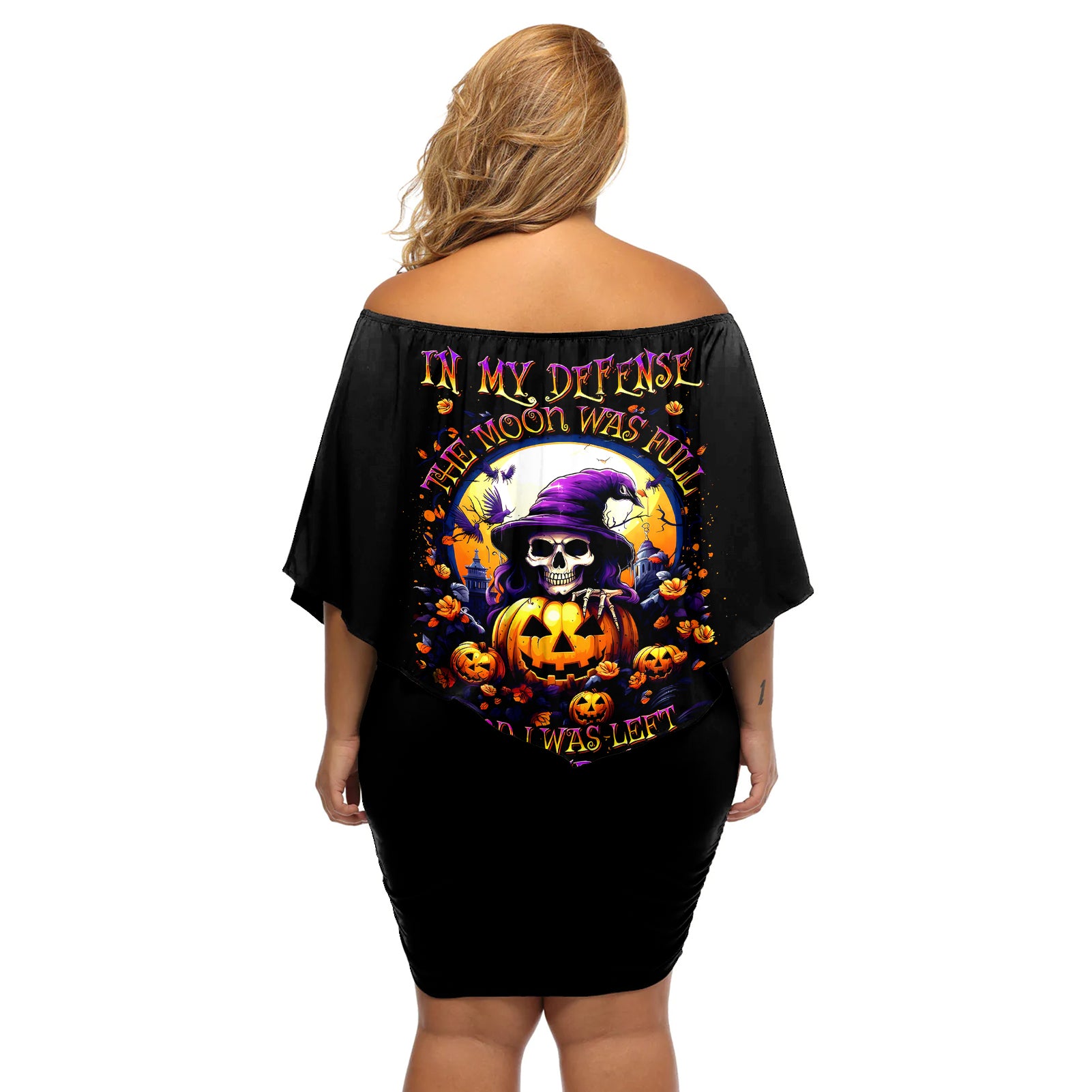 Pumpkin Witch Skull Off Shoulder Short Dress In My Defense The Moon Was Full And I Was Left Unsupervided - Wonder Print Shop