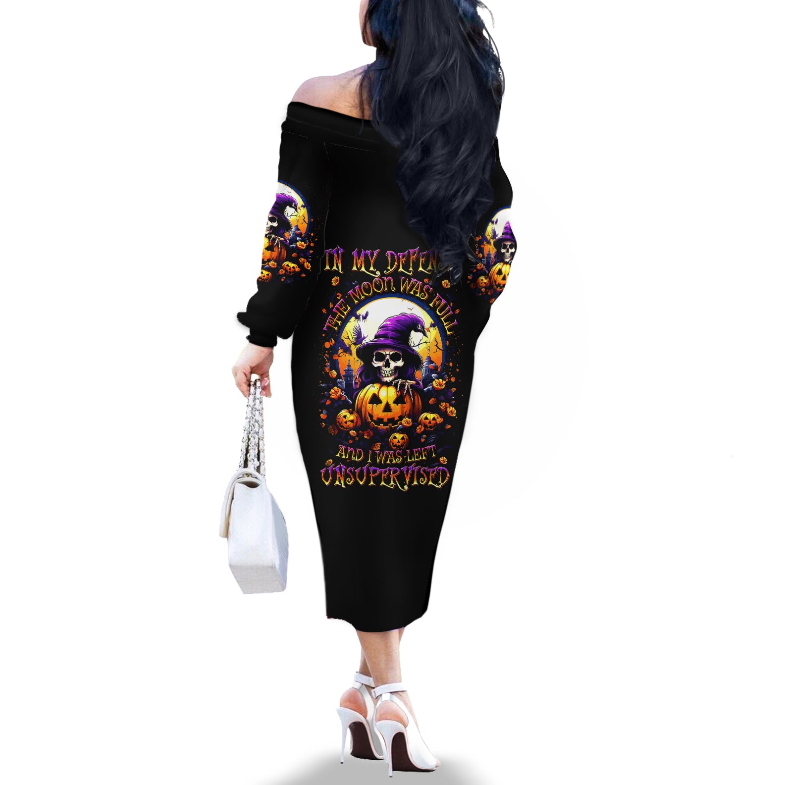 Pumpkin Witch Skull Off The Shoulder Long Sleeve Dress In My Defense The Moon Was Full And I Was Left Unsupervided - Wonder Print Shop