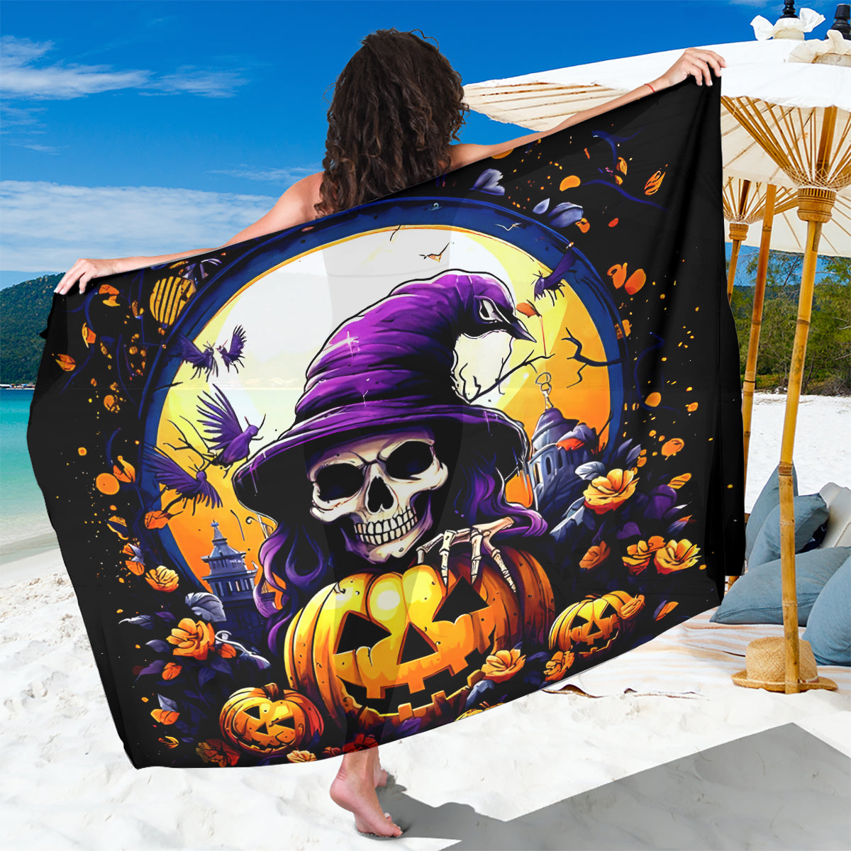 Pumpkin Witch Skull Sarong In My Defense The Moon Was Full And I Was Left Unsupervided - Wonder Print Shop