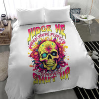 White bedding set with vibrant skull artwork on duvet, matching pillowcases