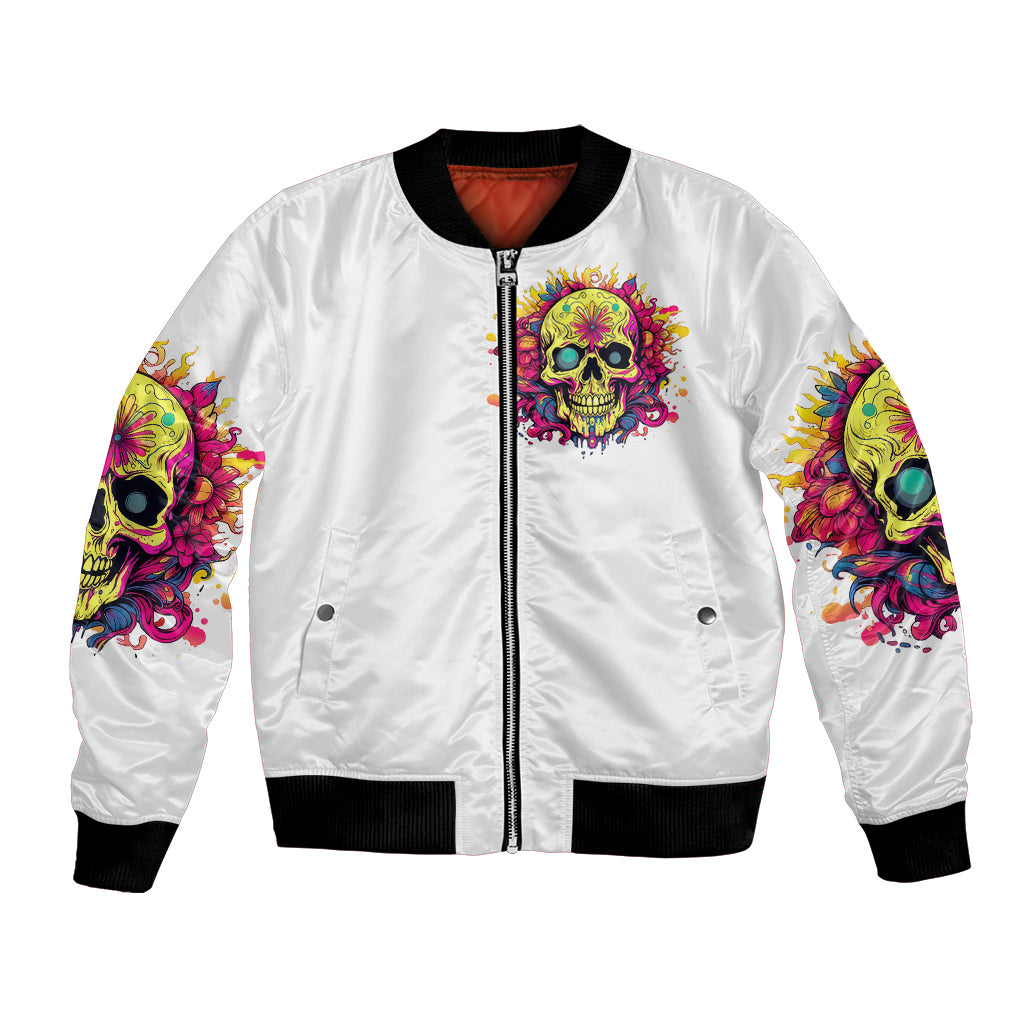 White bomber jacket with front zipper and colorful flower skull patch, ribbed black cuffs
