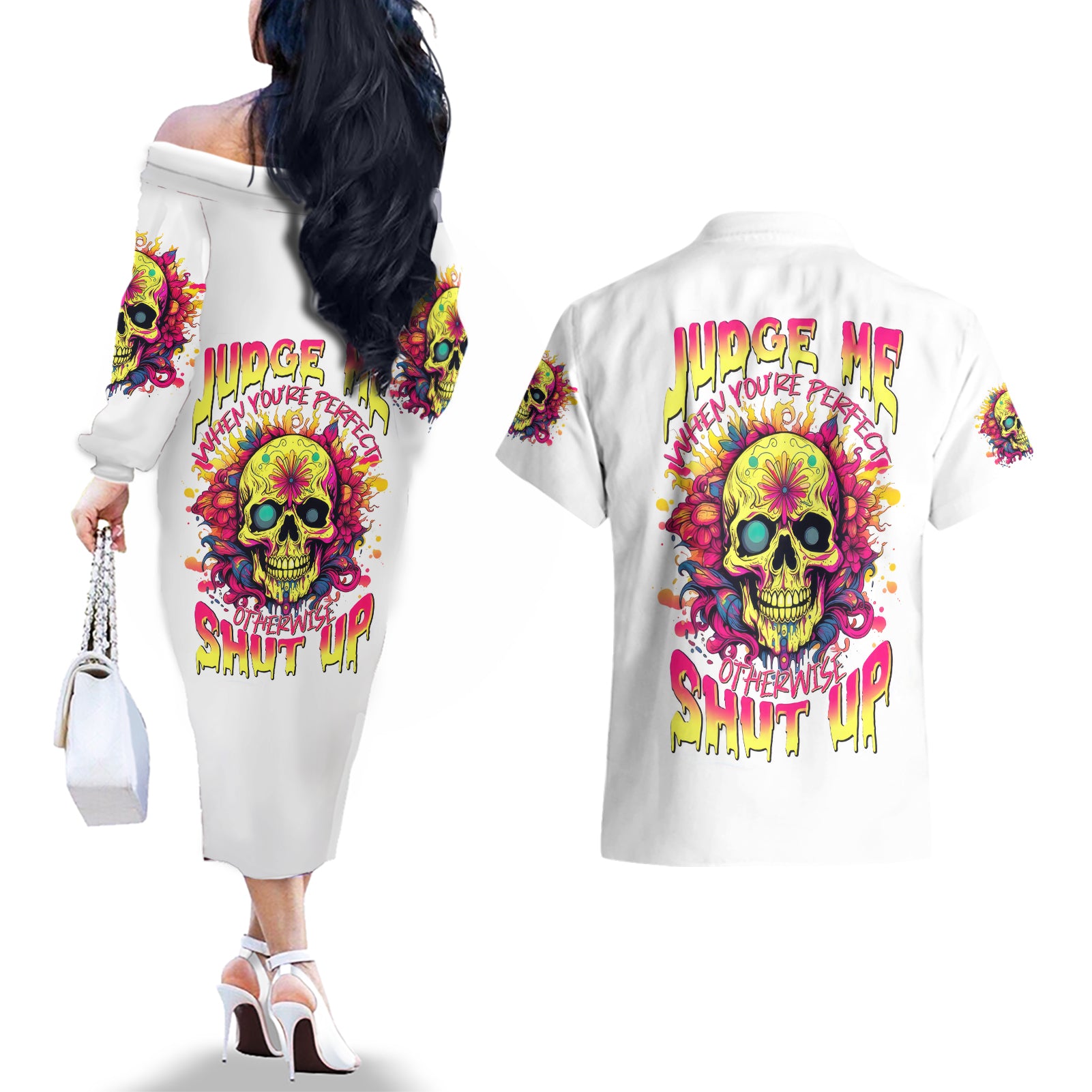 Flower Skull Couples Matching Off The Shoulder Long Sleeve Dress and Hawaiian Shirt Judge Me When You're Perfect Otherwise Shut Up - Wonder Print Shop