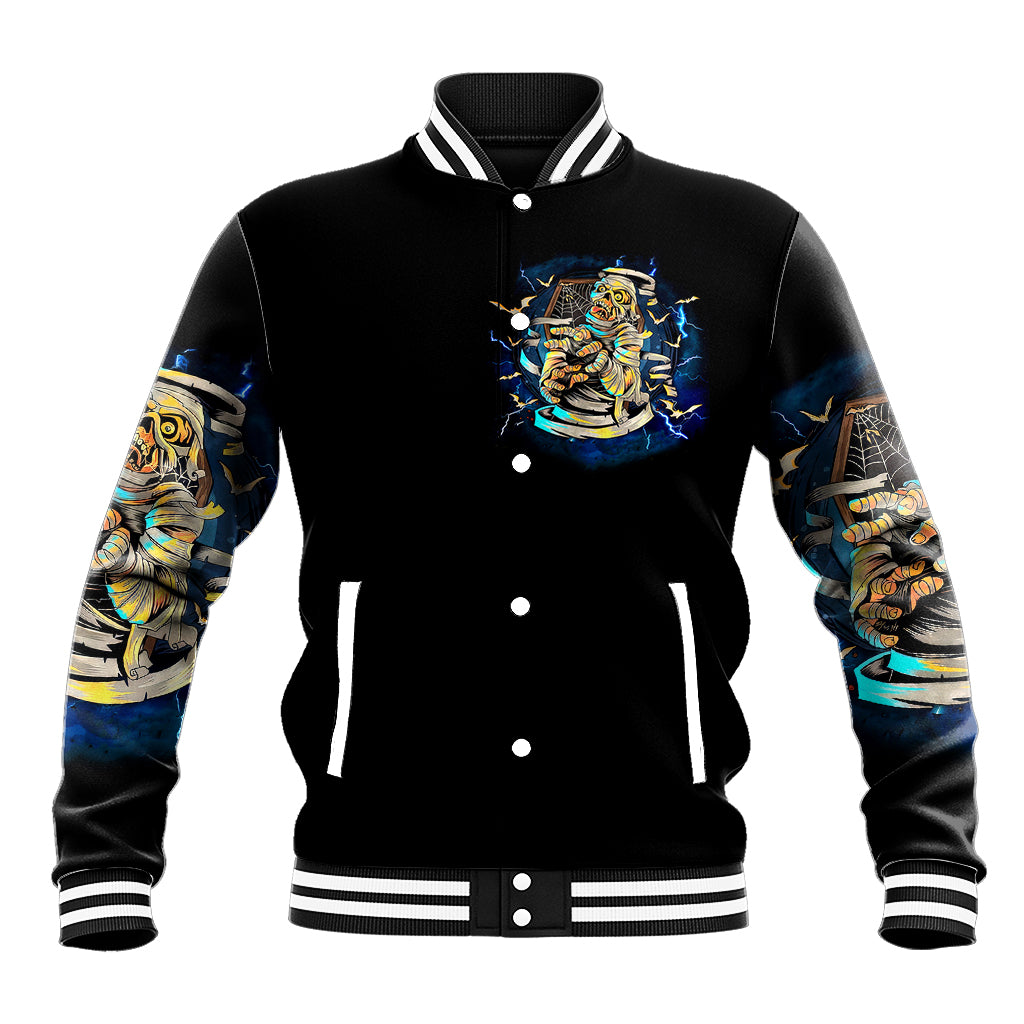 Black varsity-style baseball jacket with front skull emblem and striped hem