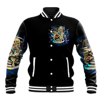 Black varsity-style baseball jacket with front skull emblem and striped hem