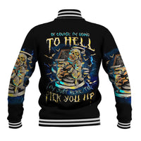 Black baseball jacket with skull graphic, striped ribbed collar and cuffs