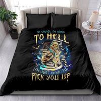 Black bedding set with colorful skull skeleton artwork on duvet and two pillowcases