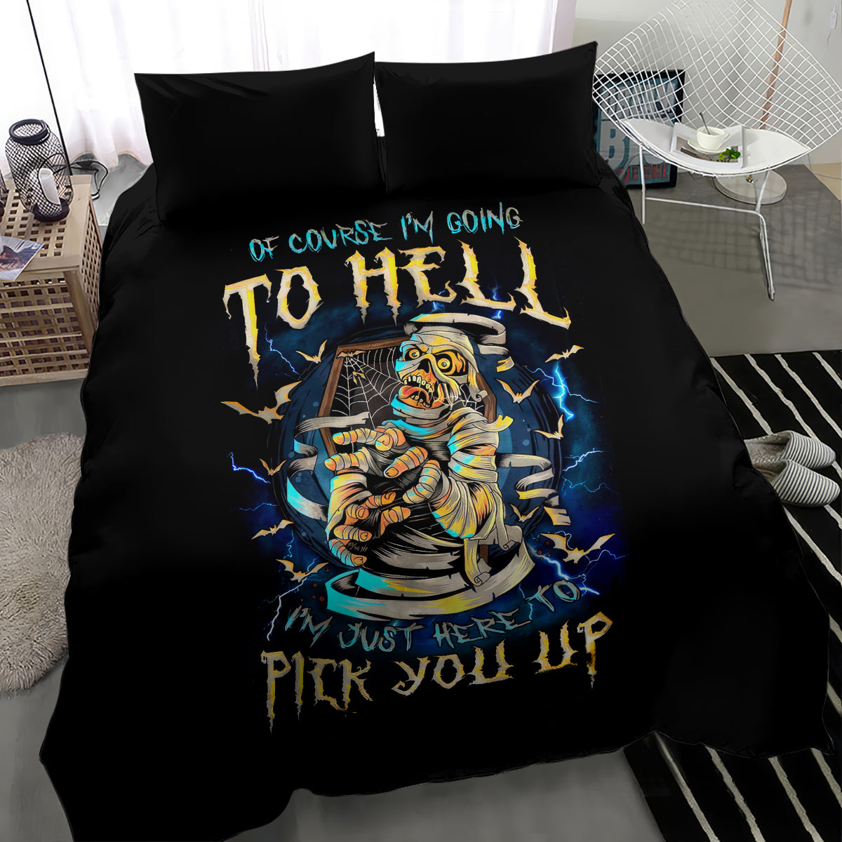 Black bedding set, three-quarter view: colorful skull skeleton artwork on duvet and two pillows