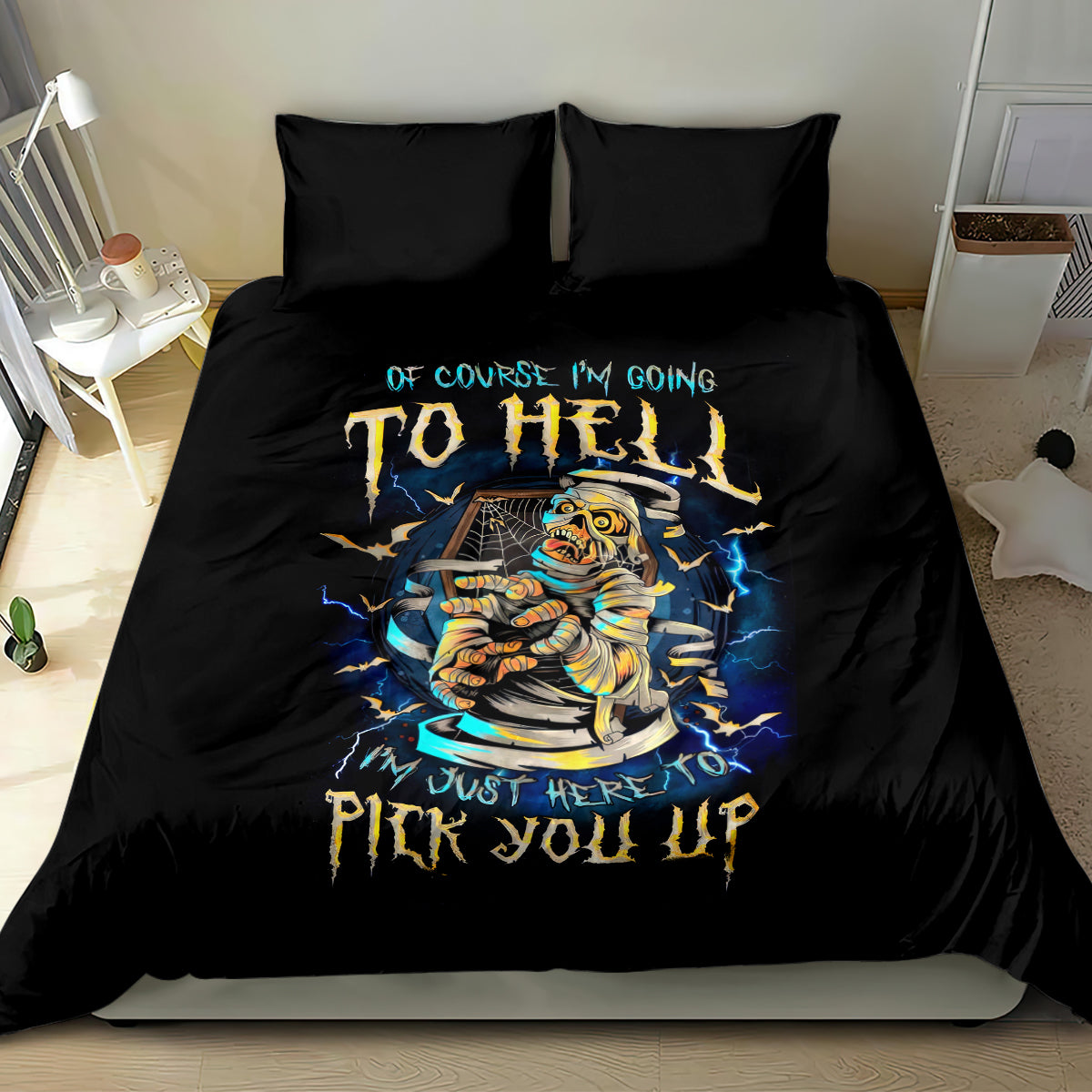 Black bedding set, full bed view: colorful skull skeleton artwork on duvet and two pillowcases