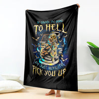 Black mummy skull graphic blanket showing full design, text and blue lightning, draped upright