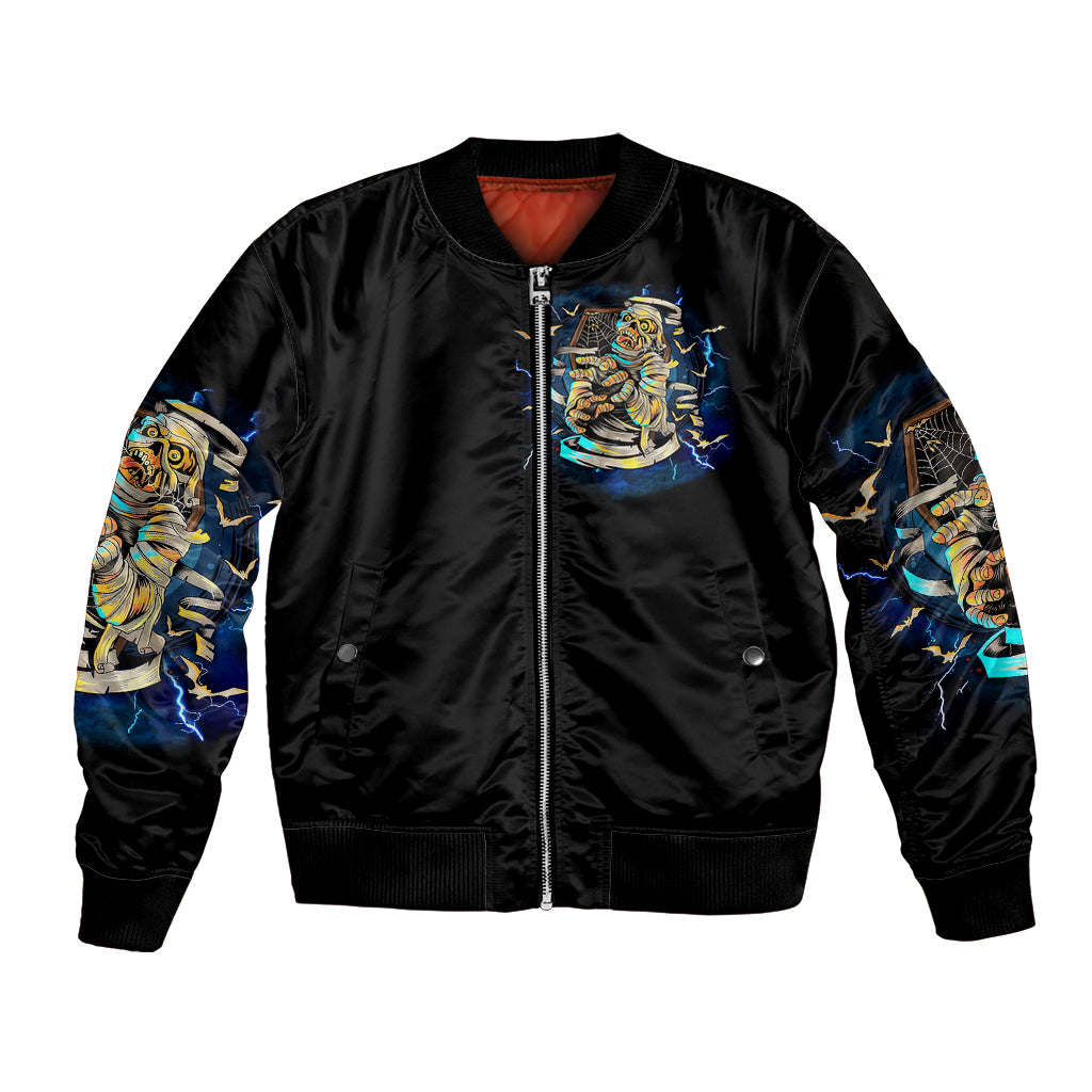 Black bomber jacket with front zipper and small chest skull/mummy graphic