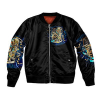 Black bomber jacket with front zipper and small chest skull/mummy graphic