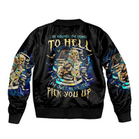 Black bomber jacket with ribbed collar and large back skull/mummy graphic