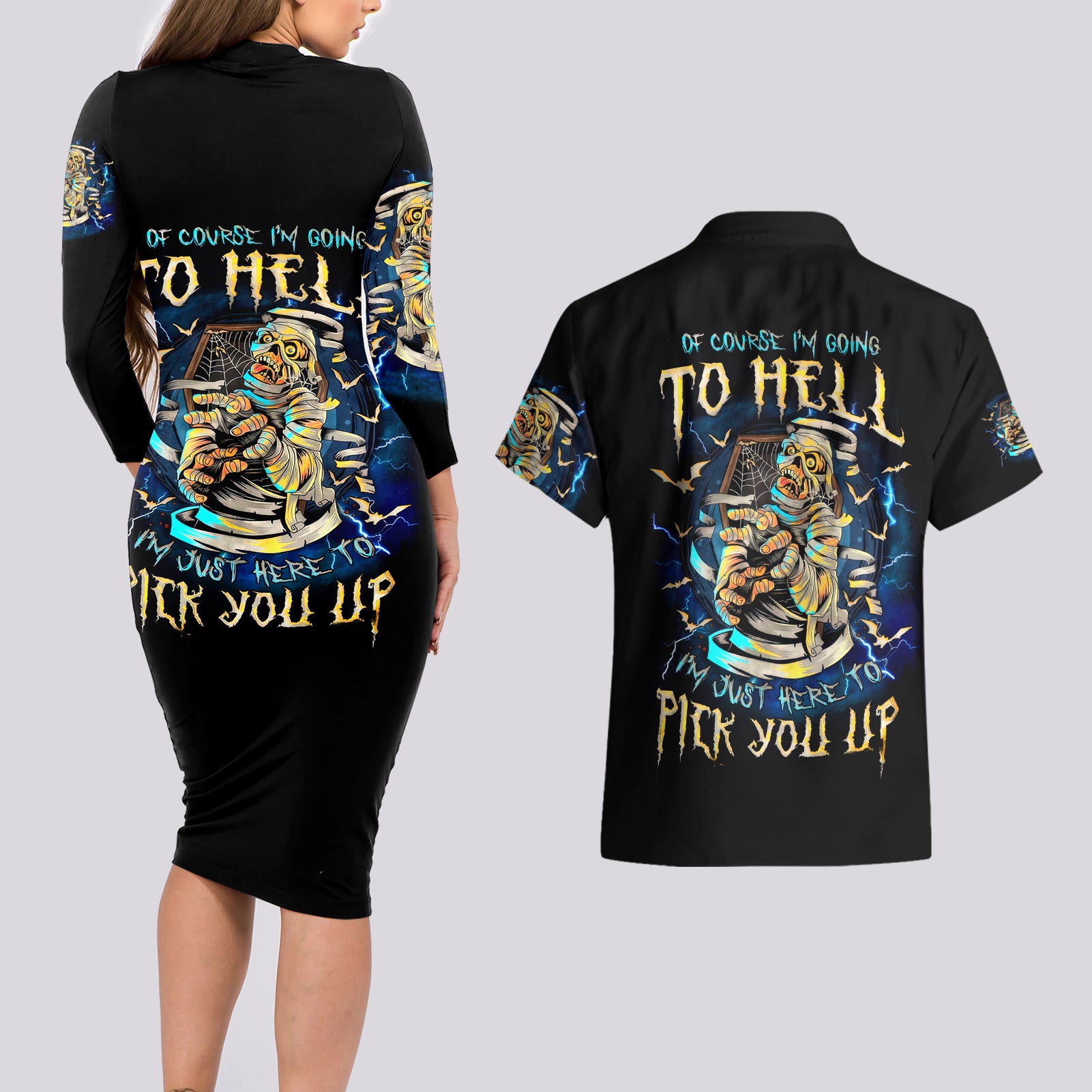 Mummy Skull Couples Matching Long Sleeve Bodycon Dress and Hawaiian Shirt I'm Going To Hell to Pick You Up - Wonder Print Shop