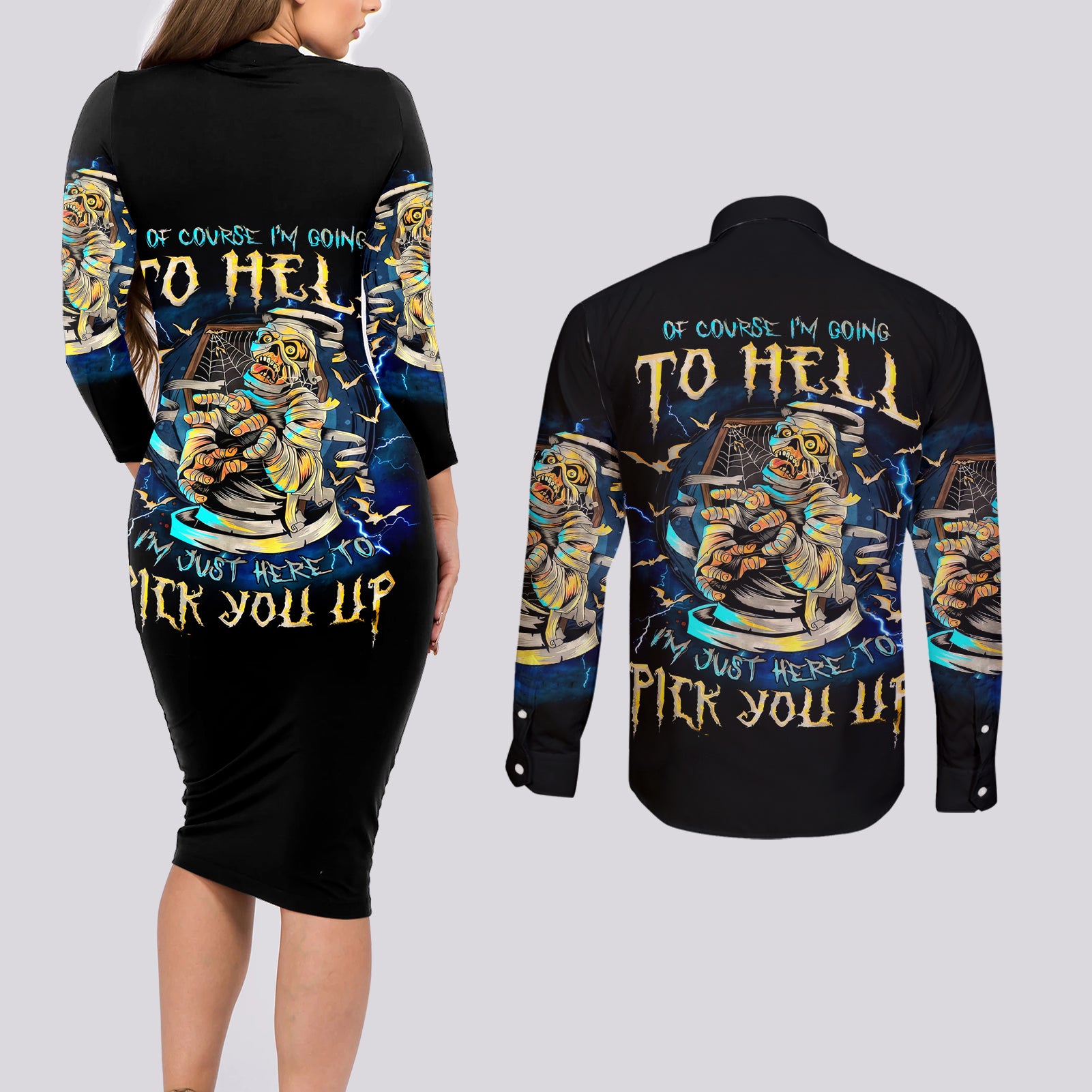 Mummy Skull Couples Matching Long Sleeve Bodycon Dress and Long Sleeve Button Shirt I'm Going To Hell to Pick You Up - Wonder Print Shop