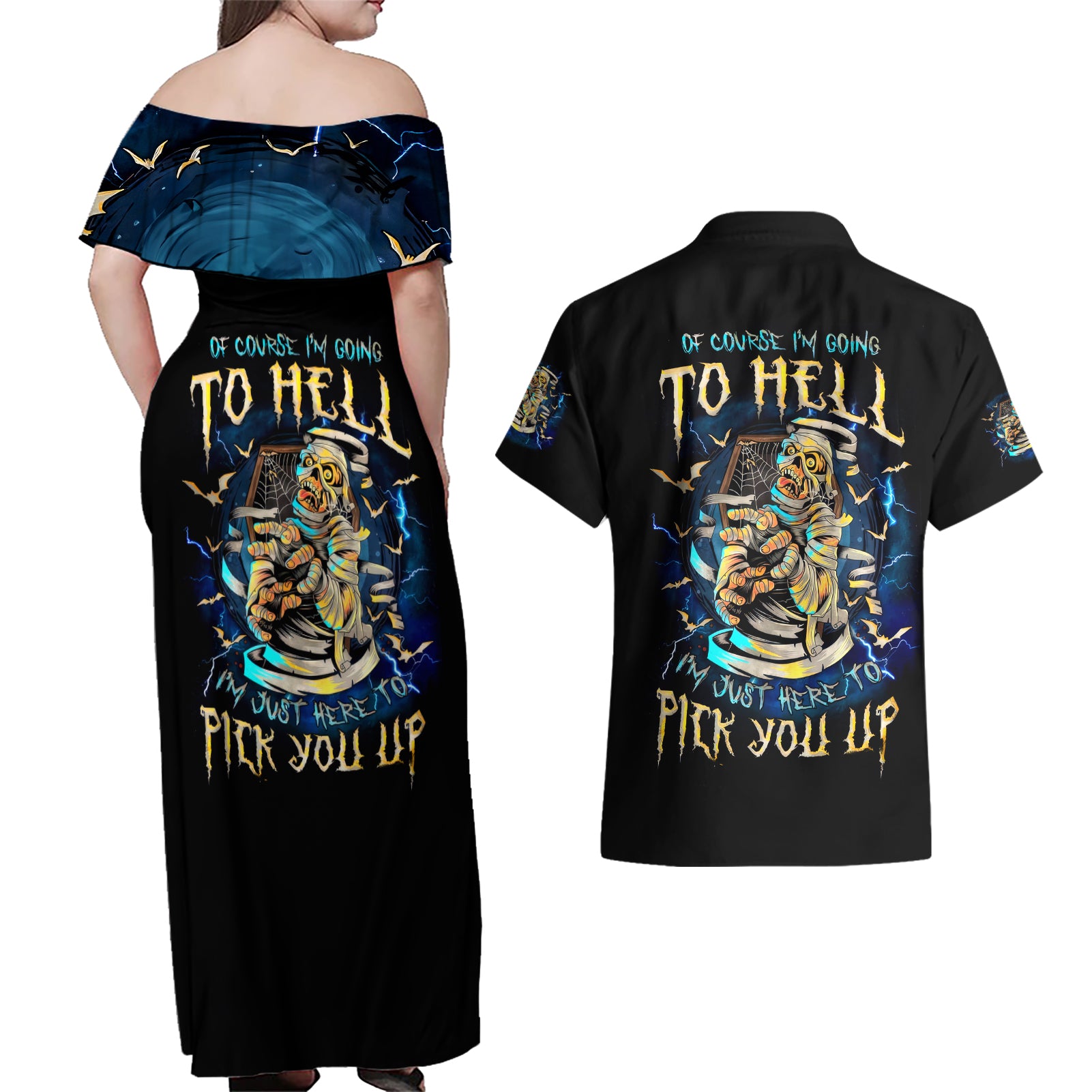 Mummy Skull Couples Matching Off Shoulder Maxi Dress and Hawaiian Shirt I'm Going To Hell to Pick You Up - Wonder Print Shop