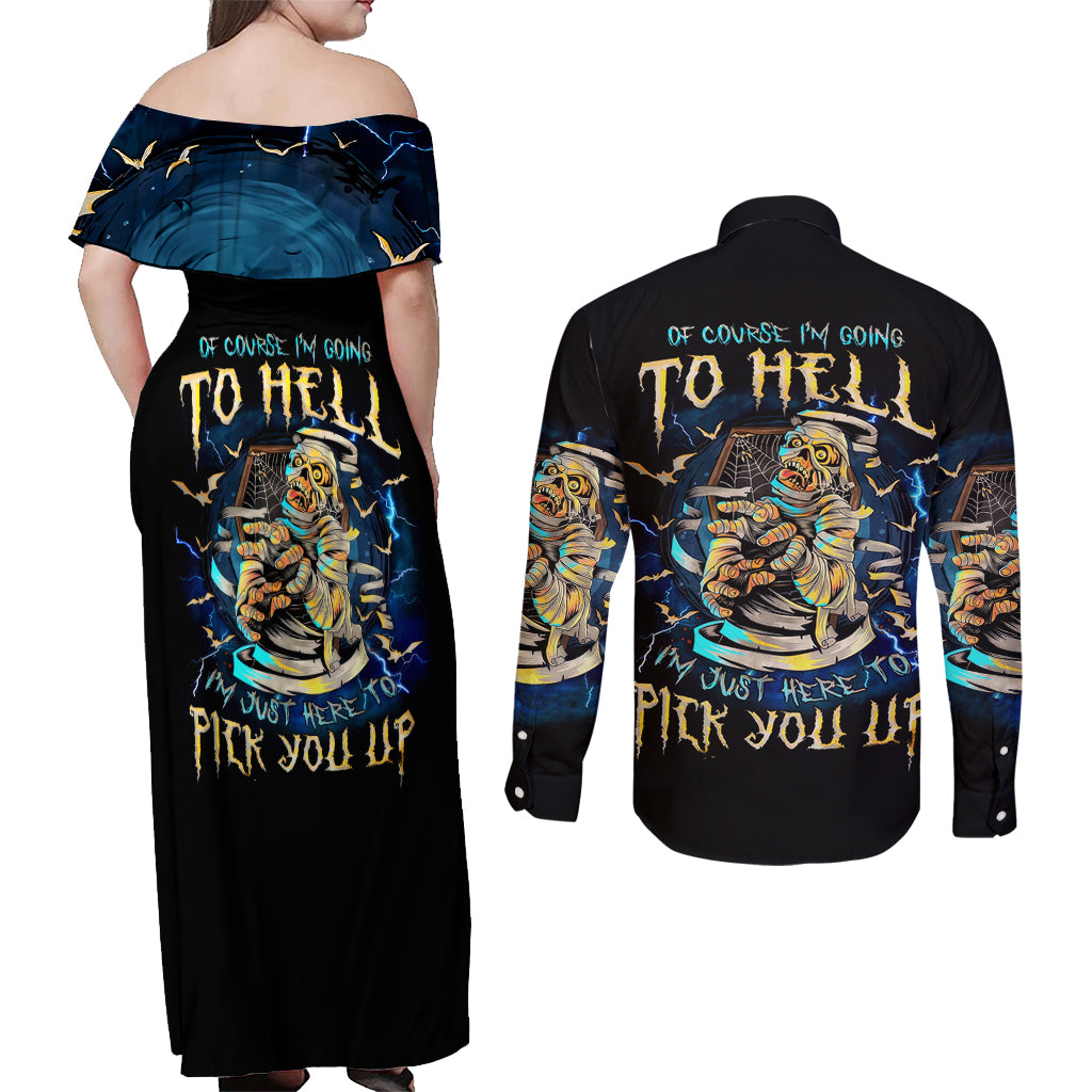 Mummy Skull Couples Matching Off Shoulder Maxi Dress and Long Sleeve Button Shirt I'm Going To Hell to Pick You Up - Wonder Print Shop