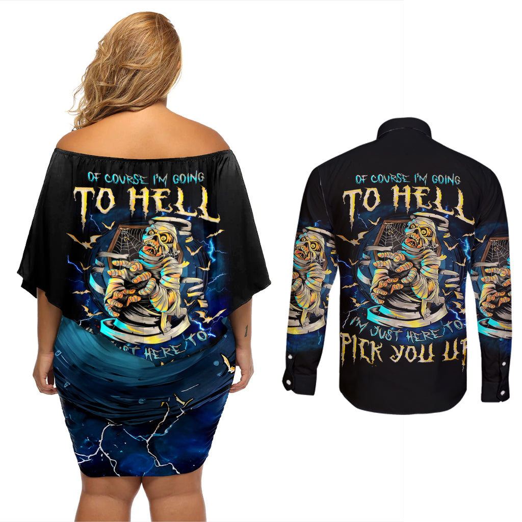 Mummy Skull Couples Matching Off Shoulder Short Dress and Long Sleeve Button Shirt I'm Going To Hell to Pick You Up - Wonder Print Shop