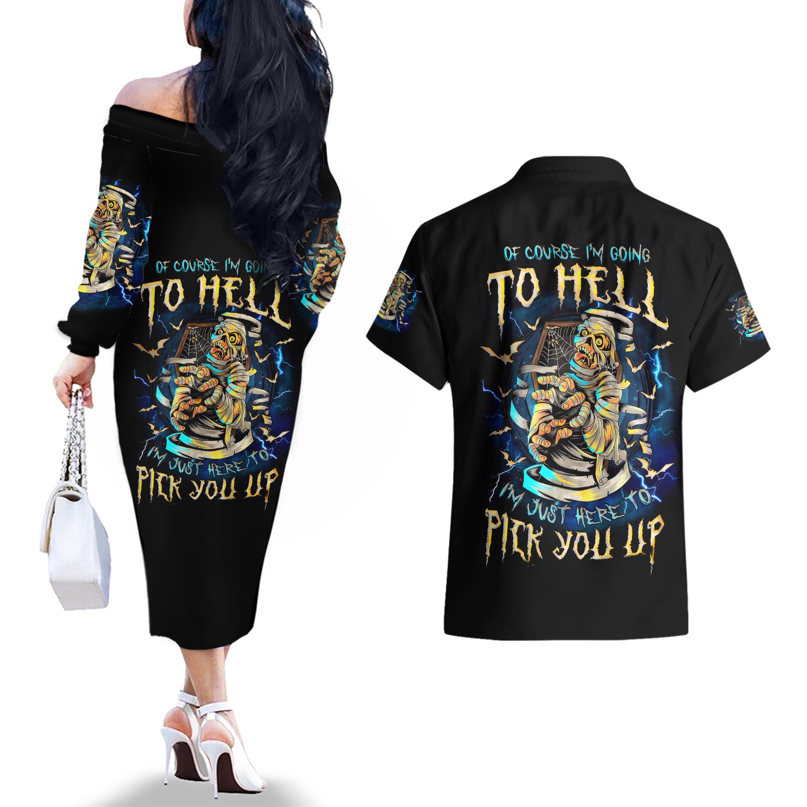 Mummy Skull Couples Matching Off The Shoulder Long Sleeve Dress and Hawaiian Shirt I'm Going To Hell to Pick You Up - Wonder Print Shop