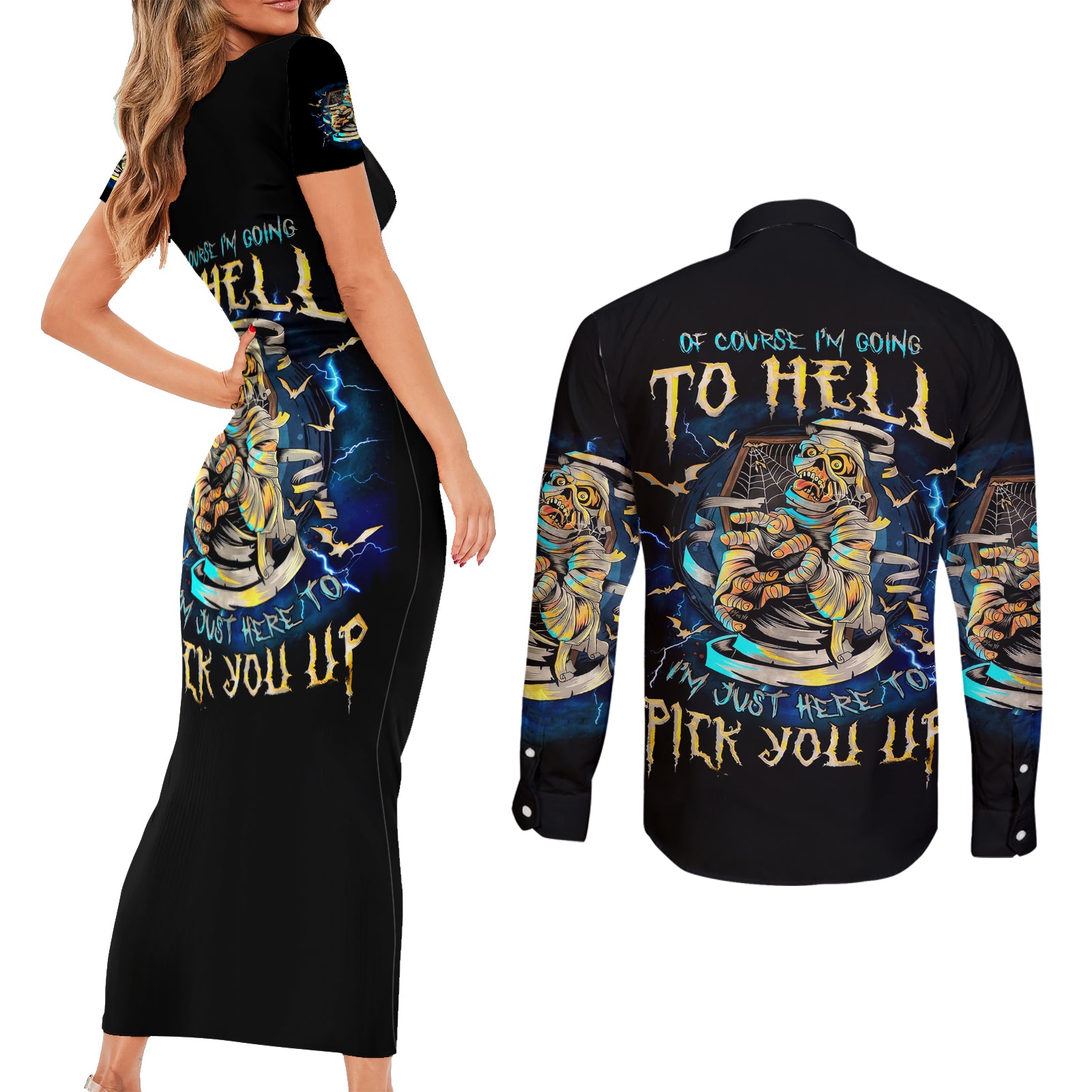 Mummy Skull Couples Matching Short Sleeve Bodycon Dress and Long Sleeve Button Shirt I'm Going To Hell to Pick You Up - Wonder Print Shop