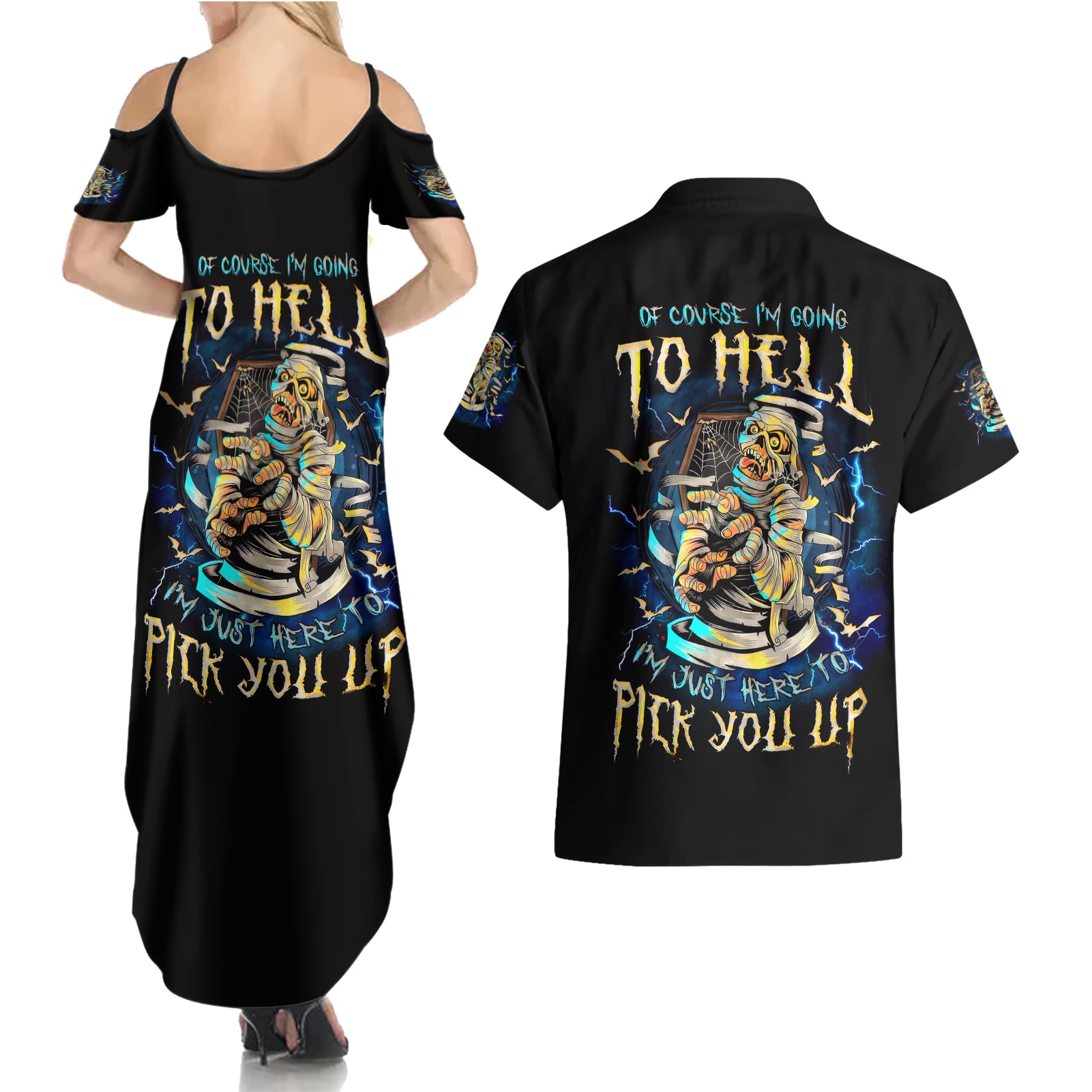 Mummy Skull Couples Matching Summer Maxi Dress and Hawaiian Shirt I'm Going To Hell to Pick You Up - Wonder Print Shop