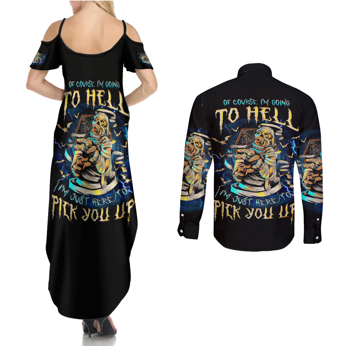 Mummy Skull Couples Matching Summer Maxi Dress and Long Sleeve Button Shirt I'm Going To Hell to Pick You Up - Wonder Print Shop