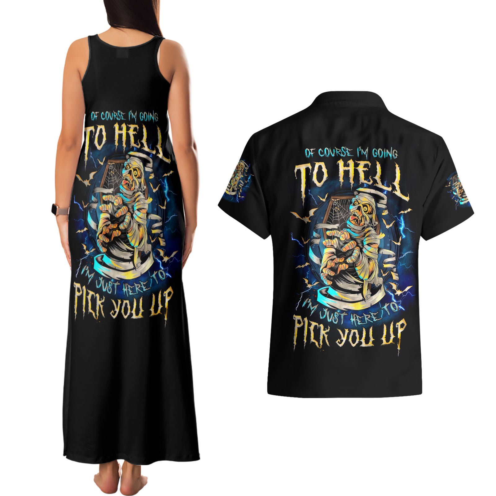 Mummy Skull Couples Matching Tank Maxi Dress and Hawaiian Shirt I'm Going To Hell to Pick You Up - Wonder Print Shop