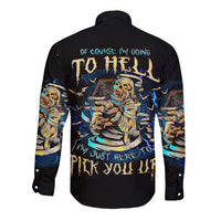 Black long sleeve button shirt with back skull graphic