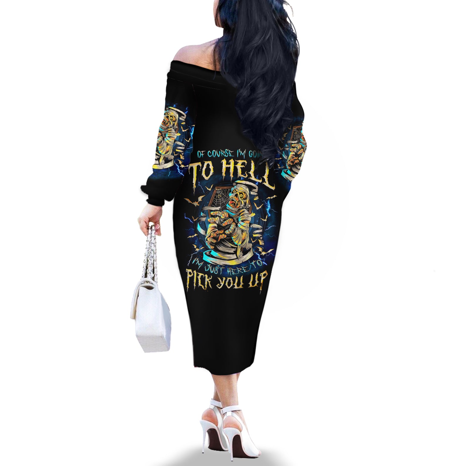 Mummy Skull Off The Shoulder Long Sleeve Dress I'm Going To Hell to Pick You Up - Wonder Print Shop