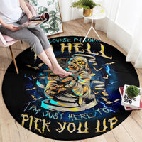 Black round area rug with colorful skull-and-warrior print and lightning accents